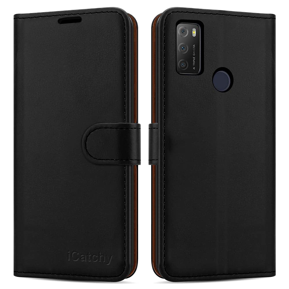 iCatchyFor Alcatel 1S / 3L 2021 Case Leather Wallet Book Flip Folio Stand View Cover Compatible with Alcatel 1S / 3L 2021 Phone Cover (Black)