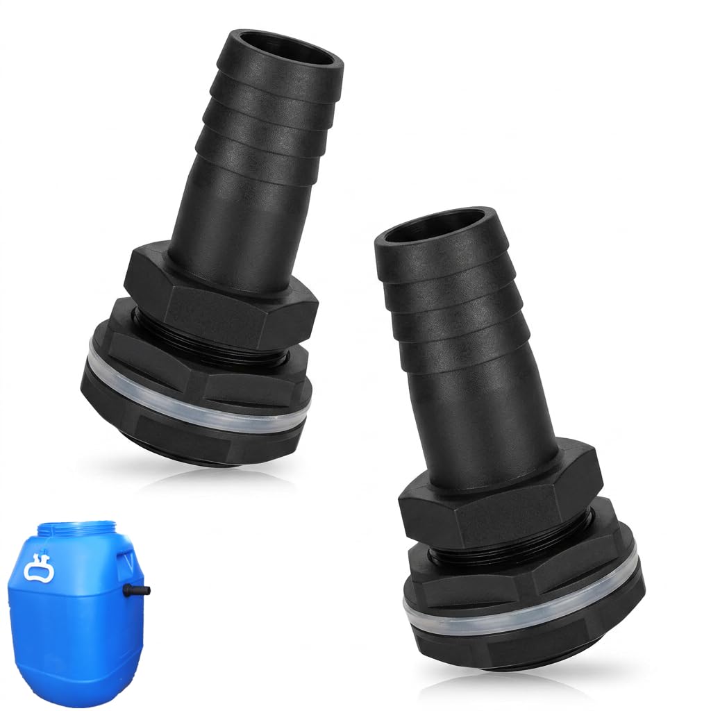 2 Pcs Waterbutt Hose Connector,25mm Water Tank Overflow Vent,Water Pipe Butt Diverter Kit,Rain Barrel Barbed Linking Fittings with Seal Washer,Plastic Bucket Outlet Connectors for Garden Watering