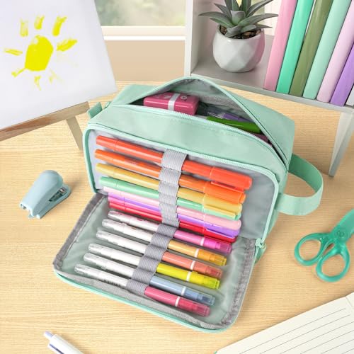 Image of Sooez Original High Capacity Pencil Case, Big Pencil Bag Pouch Box Organizer Pen Case, Aesthetic Supply for Girls Adults, Portable Journaling Supplies with Easy Grip Handle & Loop, Mint Green