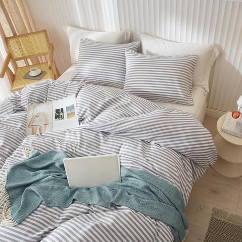 Image of King Size Comforter Set 3 Pieces Striped Comforter Set King Modern Style Boho Bedding Comforter White Grey Stripes Pattern Comforter Set Fluffy Lightweight Farmhouse Bed Comforter for All Season