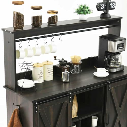 4ever2buy Farmhouse Coffee Bar Cabinet with 6 Hooks, 47 Inch Coffee Bar Hutch with 9 Wine Racks, Wine Bar Cabinet with Sliding Barn Door and Adjustable Shelves for Dining Living Room, Dark Oak - Image 6
