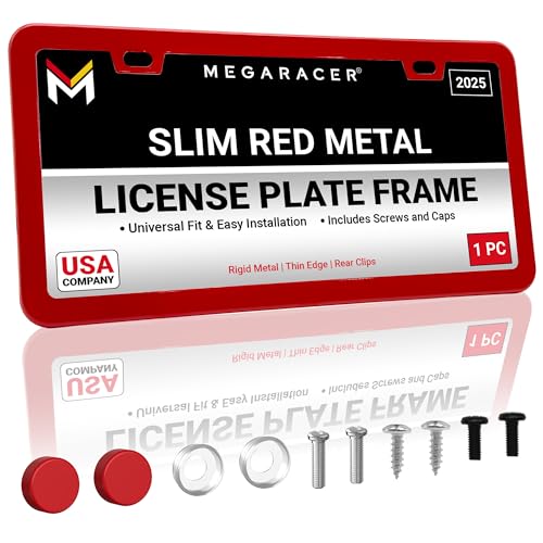 Image of Premium Slim Red License Plate Frame - 1 Piece, Rust-Free Stainless Steel, Street Legal & Rattle-Free, Universal Fit with Screw Caps, Sleek Thin Metal Front or Rear Car Tag Holder for Men & Women