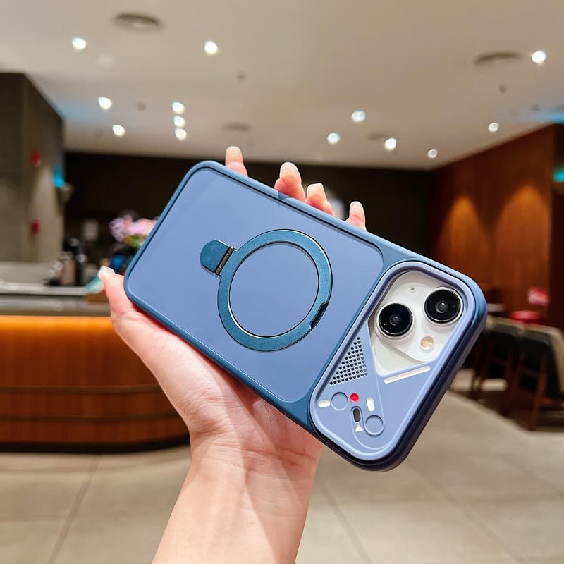 Image of LuxuryKase Magnetic Shockproof Case for iPhone 15 | Foldable 110 Metal Ring Kickstand | Matte Finish | Futuristic Camera Shield Design | Slim Profile & MagSafe Compatible - Blue