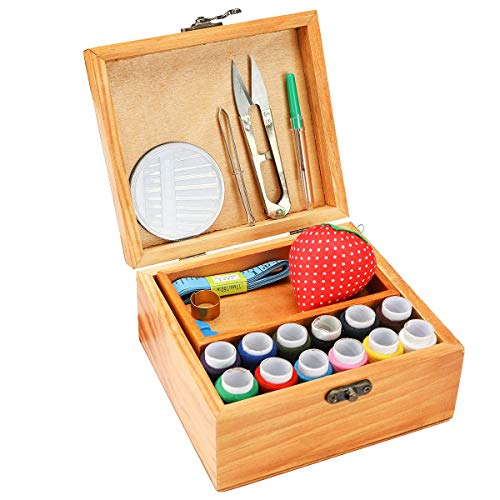 Sewing Kit, Wooden Sewing Kit Box For Adults, Wooden Sewing Basket With Accessories, Home Sewing Basket Stitching Repair Kit For Beginner, Women, Men (Brown) #TOP2