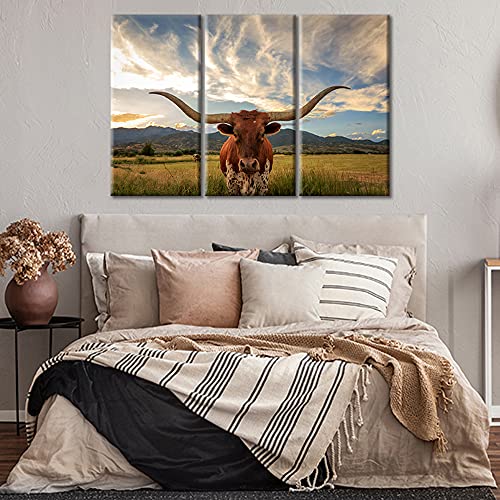 Tumovo Texas Longhorn Steer Pictures For Living Room Rural Utah Landscape Wall Art Multi Piece Prints On Canvas Animal Painting Premium Quality Artwork Frame Gallery-Wrapped Ready To Hang, 42" Wx28 H #TOP2