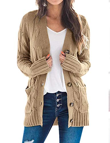 ZESICA Women's Casual Long Sleeve Button Down Open Front Cable Knit Cardigan Sweater Coat,Khaki,Medium