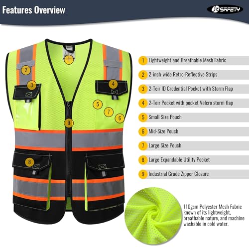 Image of JKSafety Hi Vis Reflective Safety Vests for Men Women High Visibility Vest with Pockets Mesh Fabric Construction Safety Apparel Neon Vest for Work (220-YBlack S)