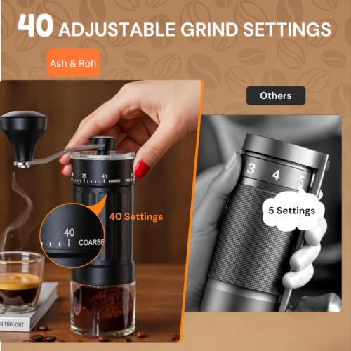 Image of Ash & Roh Manual Coffee Grinder with 40 Adjustable Grind Settings, Conical Ceramic Burr, Hand Crank Bean Mill with Glass Jar for Espresso, French Press & Travel