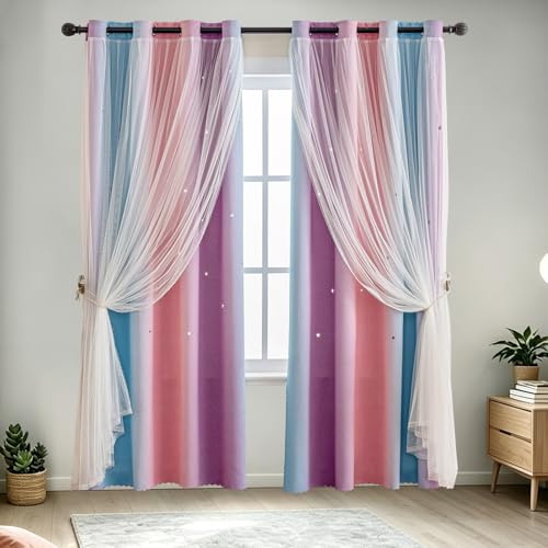 Image of indistar Dreamy Star Cutout Blackout Curtains with White Sheer,Double Layer Curtains for Girls Bedroom, Hollow Out Drapes for Nursery (2 Panel,52Wx95L,Purple Pink Blue)