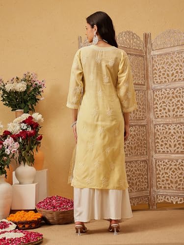 Image of Ada Women's Cotton Straight Fit Straight Hand Embroidered Lucknowi Chikankari Kurta Kurti A411165
