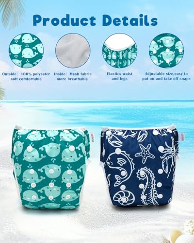 Image of ALVABABY Swim Diapers 2pcs Reusable Baby Swim Diaper 9 Months-3T Adjustable Snap Washable Toddler Swimming Diaper for Pool Beach & Swim Lessons - Waterproof PUL Leak-Proof UPF 30+ Large Size