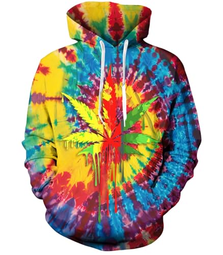 RAISEVERN Men Women Hoodies Tie Dye Leaves Fleece Graphics Sweatshirts Colorful Neon Fashion Pullover Cool Funny Novelty Hoody Warm Hooded with Pocket