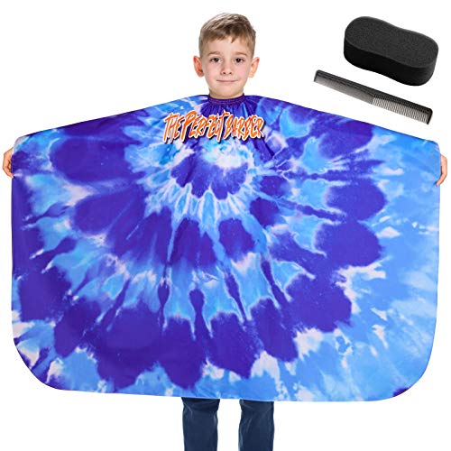 Play Tailor Kids Haircut Cape Barber Apron for Boys with Sponge Brush and Comb Accessories Set, Blue Tie Dye Spiral
