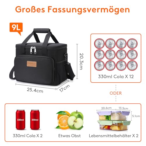 Lifewit Kühltasche klein unterwegs, Isolierte Cooler Bag Lunchtasche faltbar für Herren und Damen, wasserdichte Thermotasche Umhänge für Essen, Bier, Arbeit, Strand, Reise, Schwarz, 9L 12 Dosen 4
