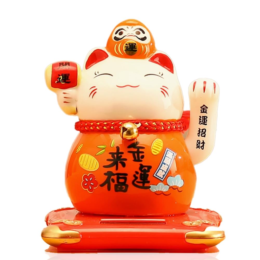 Maneki Neko en céramique statue de chat porte-bonheur orange 12cm