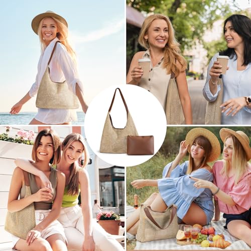 Image of Straw Beach Bags for Women- Beach Bags for Women, Mesh Tote Bag Leather Hobo Purse with Pouch for Vacation, Travel Essentials