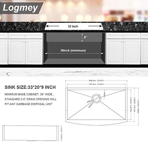 33 Framhouse Sink - Logmey 33 inch Kitchen Farmhouse Sink Apron Front Stainless Steel 18 Gauge Single Bowl Kitchen Farm Sink - Thumbnail 7