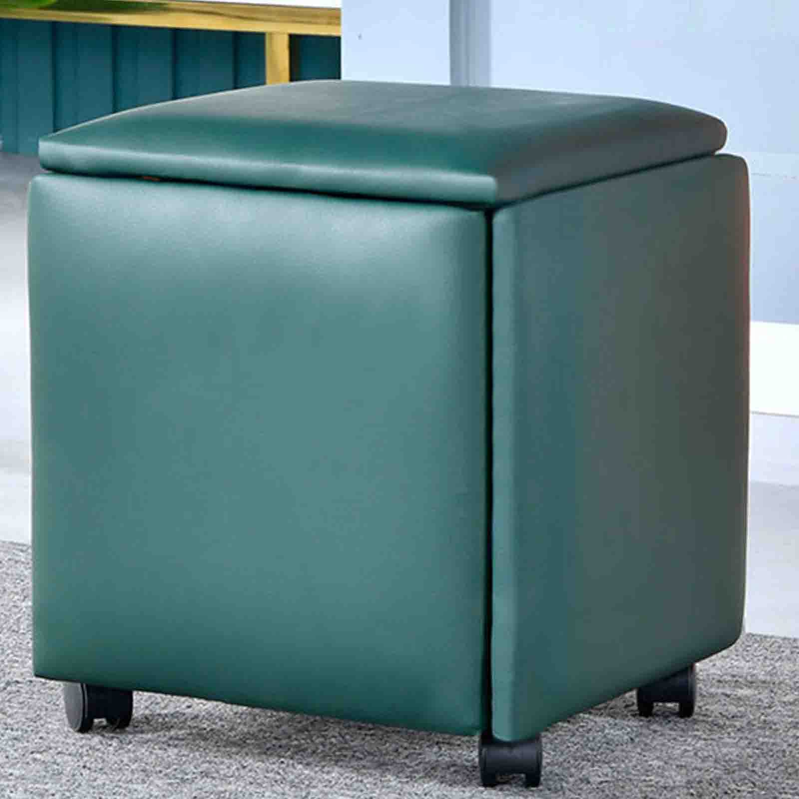 Tabouret gigogne 5 en 1 en cuir vert 32cm, pouf carré empilable sur roulettes