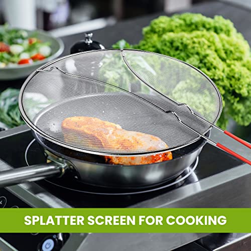 13" Grease Splatter Screen For Cooking | Stainless Steel Oil Splatter Guard And Ultra-Fine Mesh Protects Skin From Burns | Silicone Red Handle #TOP2