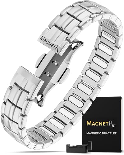 MagnetRX Magnetic Bracelets for Men - EllipseMAX 5X Strength 5 000 Gauss Magnets - Designed in USA & Patent Approved - Premium Titanium Mens Magnetic Bracelet & Adjustable Length (Silver)