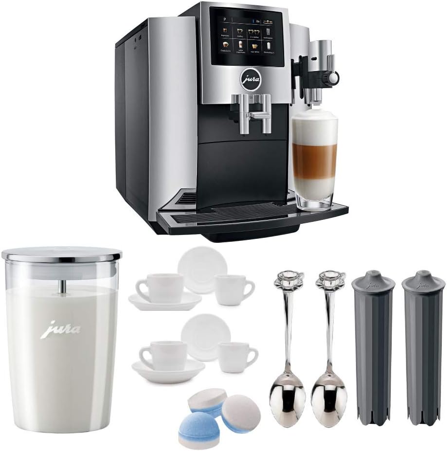 Amazon Com Jura S8 Automatic Coffee Machine With Pep Chrome Includes Milk Container 2 Smart Filter Cartridges Cleaning Tablets 2 Demi Spoons And 2 Espresso Cups Bundle Kitchen Dining