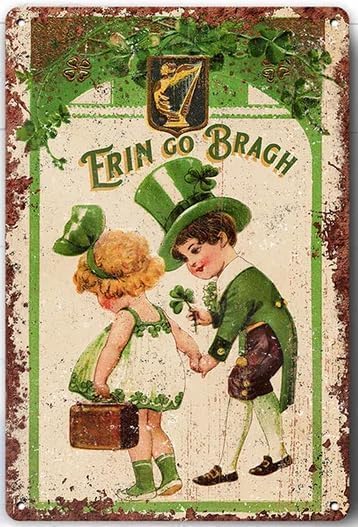 Cosrkee Letrero de metal para el día de San Patricio, decoración envejecida y oxidada para puerta al aire libre Erin Go Bragh Shamrock Kids Vintage