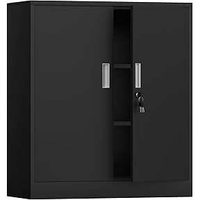 Metal Storage Cabinet with Locking Doors and 2 Adjustable Shelves, Lockable Storage Cabinet for Home Office Garage Pantry Living Room (Black)