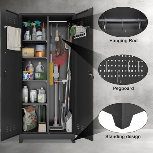 Image of Metal Locking Cabinet, 72.8 inch Tall Storage Cabinet for Broom, Garage Storage Cabinet with Doors and Shelves, Heavy Duty Tool Cabinet for Home Office, School, Basement,Gym