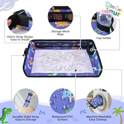 COOLBEBE Airplane Tray Table Cover, Foldable Travel Tray Cover for Toddlers 1-3, Universal Fit for Airplane, Car Seat, High Chair, Machine Washable, Portable, Blue Dinosaur - 5