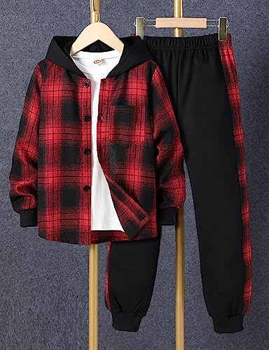 Image of Little Boys Two Pieces Outfit Kids Plaid Color Front Button Down Hoodie Sweatshirt and Jogger Sweatpants Sets