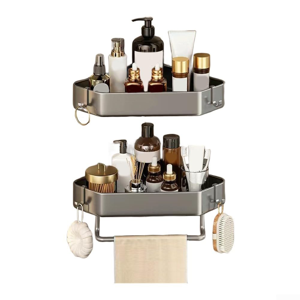 Corner Shower Caddy-Suction Cup Corner Shower Shelves Aluminum Organizer With Towel Bar And Hooks Rustproof double layer