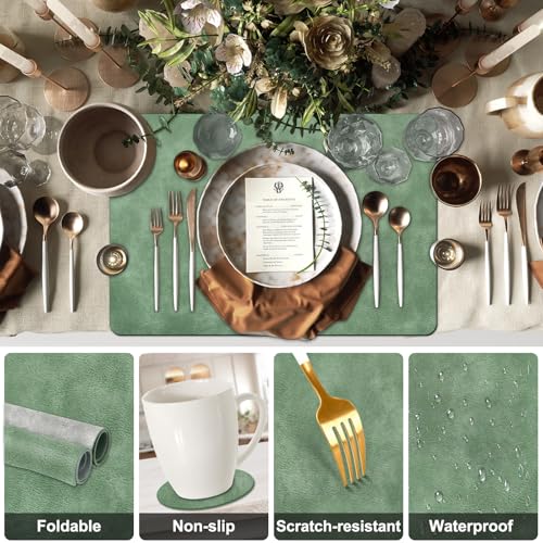 Placemats and Coaster Sets 6 | Faux Leather Place Mats and Coasters Heat Resistant | Wipeable Washable Dual-Sided Cowhide Table Mats | Table Placemat for Indoor Outdoor | 44.5 x 30cm | Green & Grey - Image 5