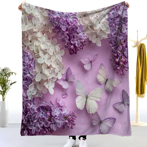 Manta de Peluche Manta de Lana Mariposa Lila Blanca Manta de Estar Caliente Otoño Invierno Suave L, PúRpura Manta de Franela Sherpa para Sofá Cama, para Niños Niñas 70x100 cm