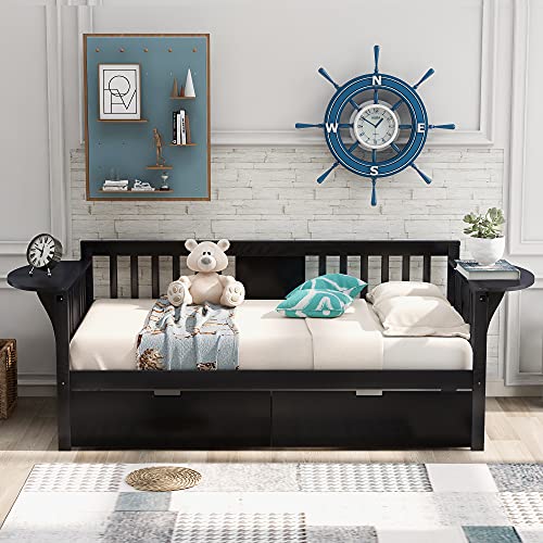 Daybed with Two Drawers, Wood Twin Size Sofa Bed Frame with Small Table, Storage Daybed for Bedroom, Living Room (Espresso,Twin with Drawers)