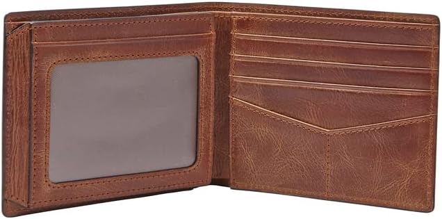 Fossil Men's Wallet, Derrick Leather RFID-Blocking Wallet, Bifold with Flip ID, Brown