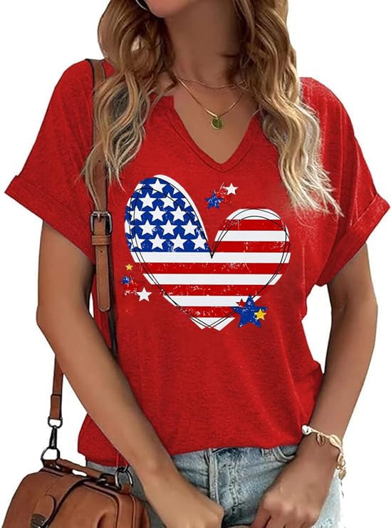 PUCKOLITY American Flag Patriotic T-Shirt Women 4th of July Shirt USA Flag Stars Stripes Graphic Shirt Summer Casual Tops