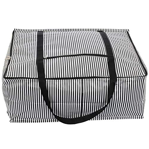 Image of Kuber Industries Lining Design Rexine Jumbo Underbed Moisture Proof Storage Bags for Clothes with Zipper Closure and Handle (Black)