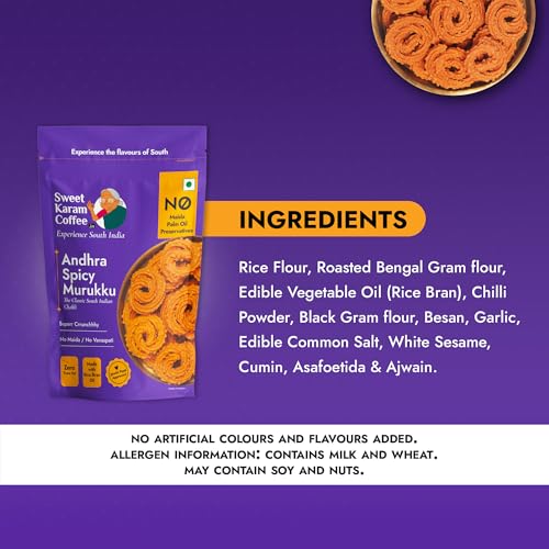 Image of SWEET KARAM COFFEE Andhra Spicy Murukku | No Palm Oil | No Preservatives | South Indian Chakli | Crispy & Fresh Tea-Time Namkeen | Festive Special Snack | Spicy Crunchy Treat | 95 G Pack of 2