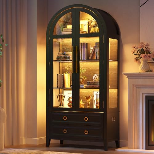 LVSOMT LED Vitrine en Verre Arquée, 180cm Vitrine pour Collection, Vitrines et Rangements Bombé en Bois avec Portes en Verre, Armoire Salon avec 4 étagères...