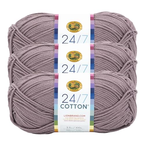 Image of Lion Brand Yarn, 24 /7 Cotton Mercerized Lightweight Yarn for Knitting, Crochet, and Crafts, Vintage Lilac, 3 Pack, 185 Yards of Natural Fiber for Breathable Tops, Durable Bags, Easy-Care Dish Cloths