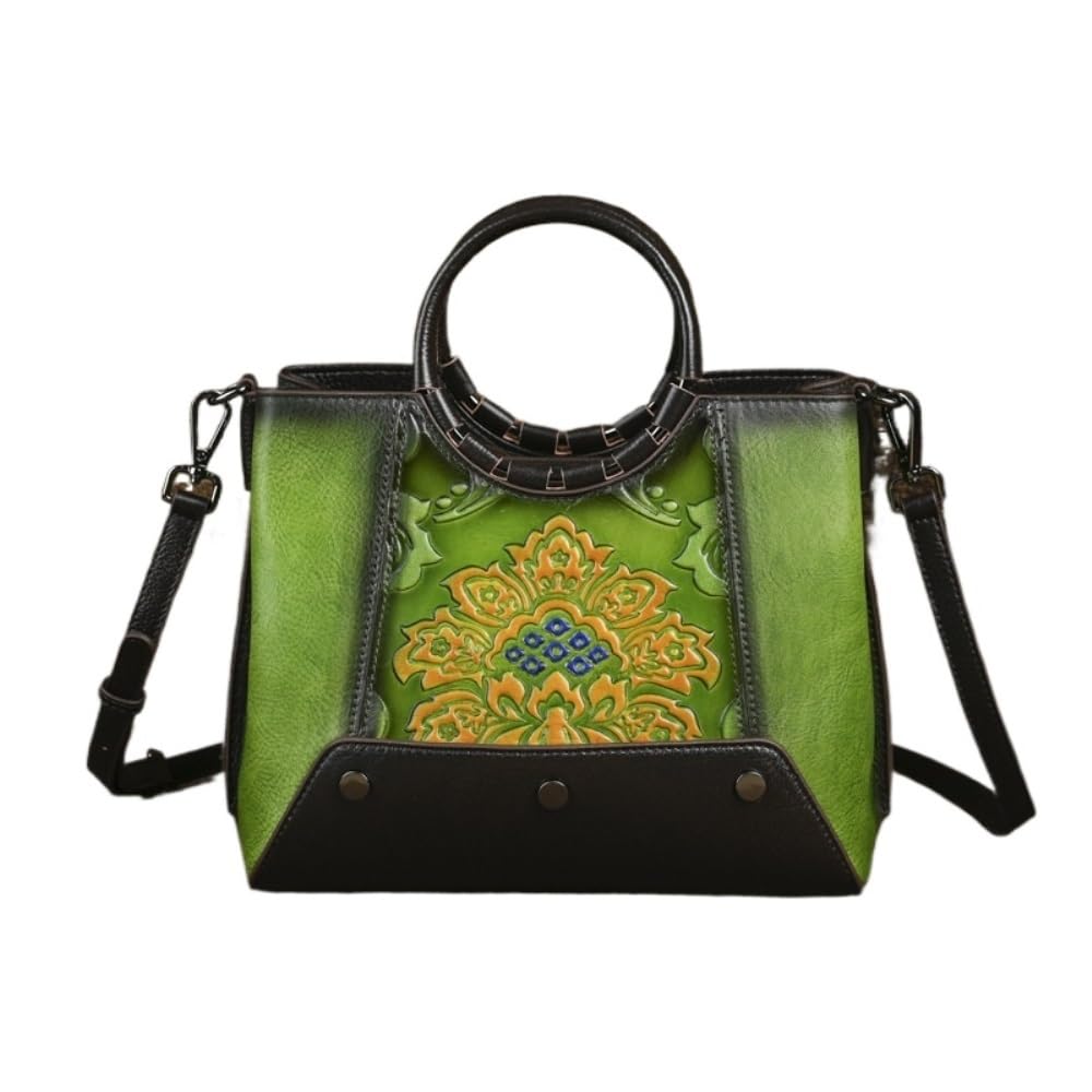 Minimalist Women's Top-Grain Leather Crossbody Bag - Retro Embossed Hand-Distressed Handheld Bag, Vintage Style(Green)