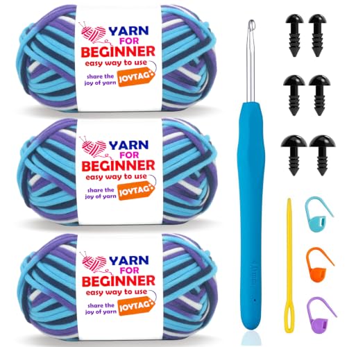Image of 3 Pack Rainbow Beginner Crochet Yarn for Crocheting and Knitting Multicolor Cotton Crochet Yarn for Beginners with Easy-to-See Stitches Cotton-Nylon Blend Easy Yarn for Beginners(Blue Purple)