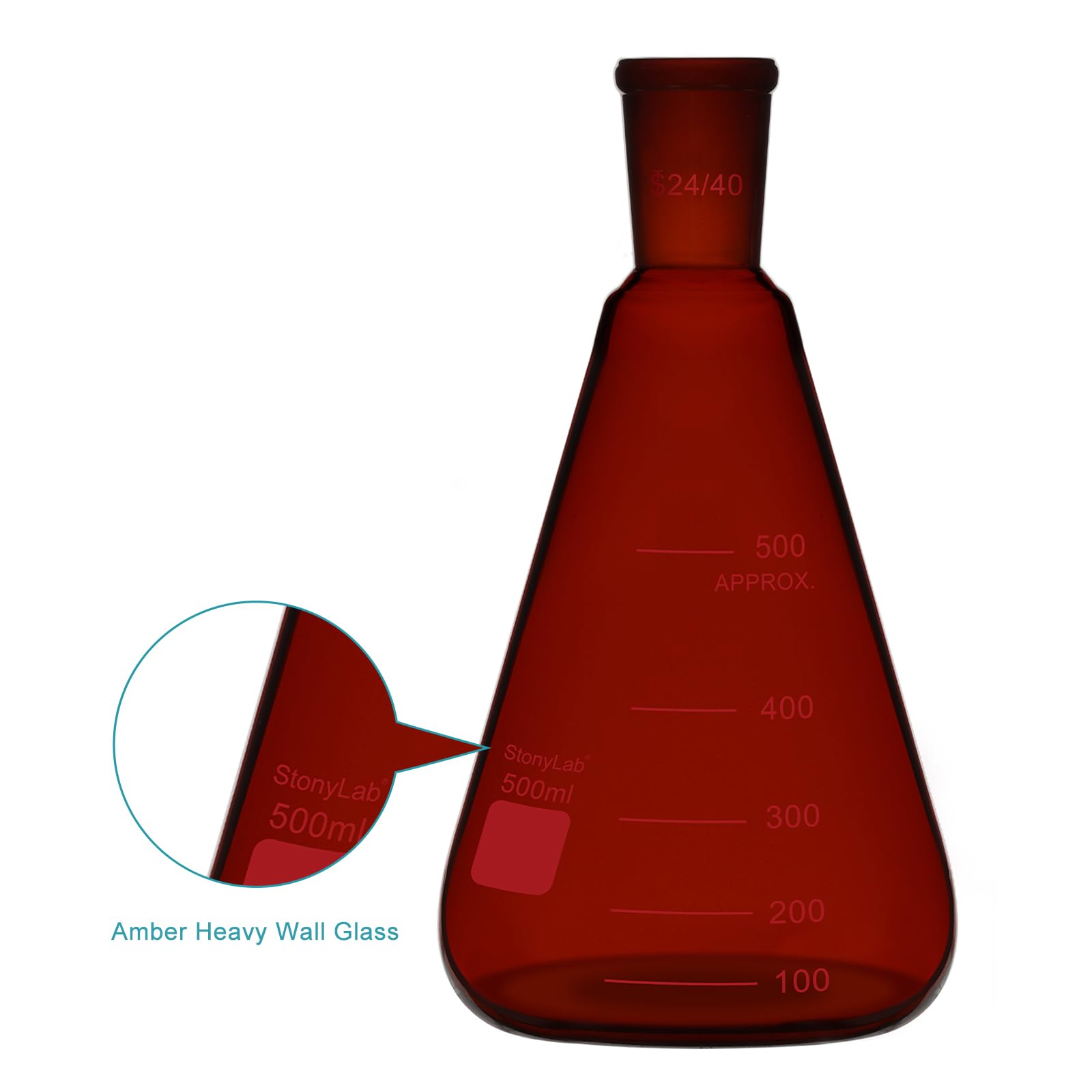 stonylab Matraz Erlenmeyer Ámbar con Junta Externa Cónica Estándar 24/40, Vidrio Borosilicato, Matraz de Pared Gruesa, 500 ml, Ideal para Mezclas, Calentamiento y Experimentos de Laboratorio