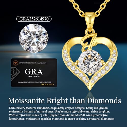 CDE Mothers Day Gifts 2 Carat Moissanite Necklaces with I LOVE MOM Engraved Letters Heart Gold Plated Pendants for Women Jewelry from Daughter Son Anniversary Birthday Gifts for Grandma Nana (Initial J engraved I Love Mom) by CDE - Used condition - US$90.15