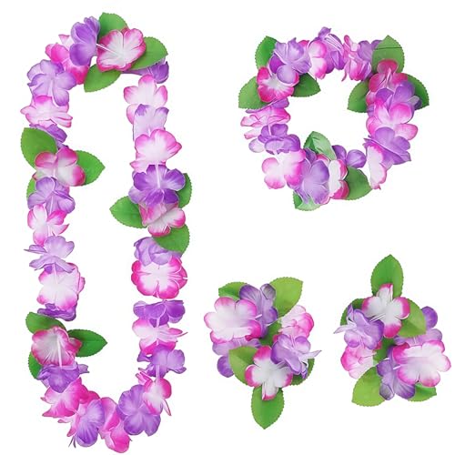 SOPSTUO Hawaiian Garland, Hawaiian Leis Set, Hawaiian Fancy Dress Garland Necklace Wristbands, Luau Aloha Flower Lei for Tropical Party Accessories for Adults (Purple)
