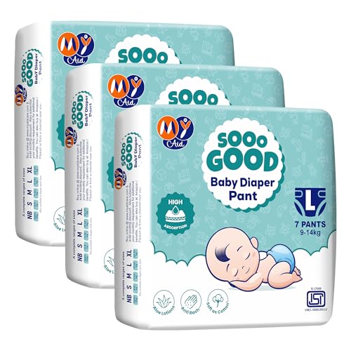 Image of SOOO GOOD Baby Diaper Pants With Aloe Lotion & Wetness Indicator | Soft & Comfortable | Fast Absorption, Rash-Free, Leak-Proof, Large Size (L) 9-14 kg, 21 Count, Pack of 3