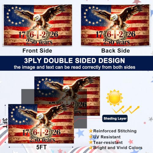 250 Anniversary USA Flag 3x5 Ft, 3-Ply Double-Sided 250 Year American Anniversary Flag with Brass Grommets for Outside, 1776–2026-250th USA Flag with UV Protection for Outdoor Yard Parad — view 2