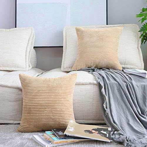 Home Brilliant White Cushion Covers Striped Corduroy Velvet Throw Pillow Covers for Baby Square Decorative Pillows for Bed, Creamy White, Set of 2, 45 x45 cm, 18inch