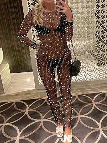 Chloefairy Women's Rhinestone Mesh Dress Pearl Cover Up Dress Sexy Sheer Coverups for Swimwear Bikini Bathing Suit Beachwear3