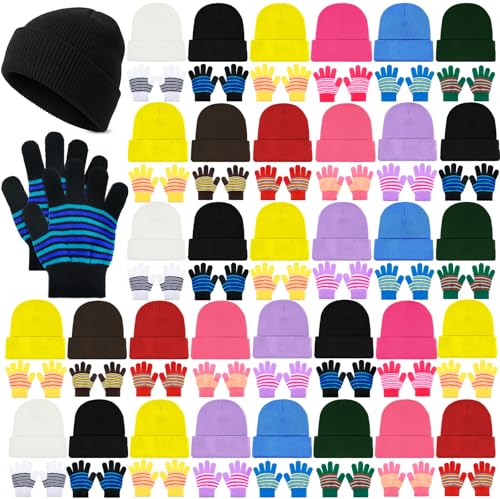 Image of Handepo 60Pcs Kids Winter Beanie and Gloves Bulk Knit Hats Gloves Warm Unisex Cold Weather Winter Gifts for Boy Girl Homeless